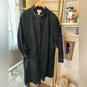 Via Accenti 100% Black Leather Fringe Longline Festival duster jacket size 34W